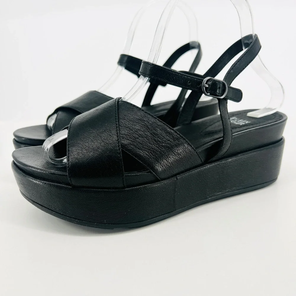 Eileen Fisher Juno Platform Sandals Women 8 Black Leather Chunky Strappy Buckle